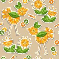 patroon met tekst, stickers van vogels, bloemen gemaakt van stukjes sinaasappel, groene bladeren. goed voor decoratie van kindertextiel, voedselverpakkingen, boodschappen, landbouwwinkels. vlakke stijl vector