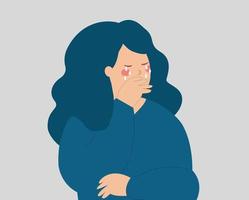 depressieve jonge vrouw die huilt en haar gezicht bedekt. triest tienermeisje huilt negatieve emoties en voelt stress, depressie en angst. concept van psychische stoornis. vectorillustratie. vector