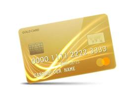 gedetailleerde glanzende gouden creditcard met golvende neonlichtdecoratie, die op witte achtergrond wordt geïsoleerd. vector illustratie