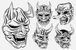 set bundel donkere kunst japanse duivel oni masker tattoo handgetekende gravure stijl vector