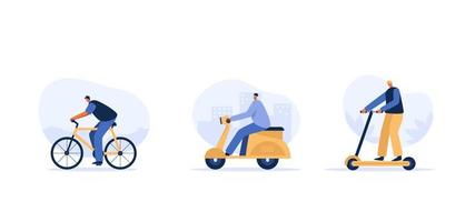 jonge man met een fiets, elektrische scooter, motorfiets. platte karakter illustratie vector