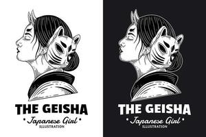 set donkere kunst vrouwen japans geisha meisje schedel masker vintage tattoo hand getrokken gravure stijl vector