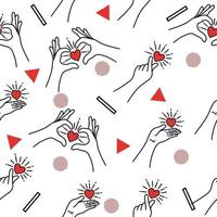 vrouwen meisje hand rood liefde gebaar met abstracte zwarte en rode object rode haard vlakke lijn kunst illustratie wit. vector