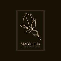 eenvoudige magnolia bloem logo illustratie voor onroerend goed. botanisch bloemenembleem met typografie op bruine achtergrond vector
