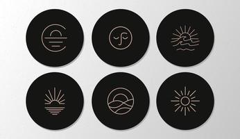 zomer badges met schelpen, zon en palmboom in cirkels. set pictogrammen en emblemen voor nieuwsomslagen op sociale media. ontwerpsjablonen voor yogastudio, toerisme, schoonheidssalons vector