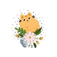 leuke grappige kattendromen in bloemen op een geruite achtergrond. platte cartoonstijl voor babydouche, babywinkel, boeken vector