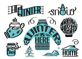 winter doodle tekst illustratie. vector lijntekeningen. vakantie stickers element