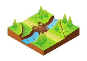 isometrische rivier met houten brug vector