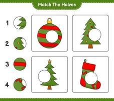 overeenkomen met de helften. match de helften van de boom, de kerstbal en de sok. educatief kinderspel, afdrukbaar werkblad, vectorillustratie vector