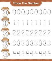 het nummer traceren. traceringsnummer met shiitake. educatief kinderspel, afdrukbaar werkblad, vectorillustratie vector