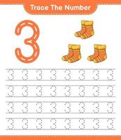 het nummer traceren. traceringsnummer met sokken. educatief kinderspel, afdrukbaar werkblad, vectorillustratie vector