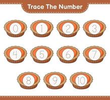 het nummer traceren. traceringsnummer met taart. educatief kinderspel, afdrukbaar werkblad, vectorillustratie vector