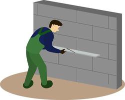 professionele werker die de betonnen muur meet met het gereedschap van de niveauliniaal, bouw- en renovatieconcept vectorillustratie vector