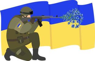 een Oekraïense soldaat schiet korenbloemen uit een machinegeweer, staande op één knie, tegen de achtergrond van de vlag van Oekraïne. vectorillustratie. vector