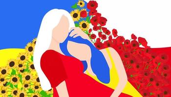 Polen omarmt Oekraïne tegen de achtergrond van nationale vlaggen en nationale bloemen, zonnebloemen en klaprozen. platte vectorillustratie. steun Oekraïne meisje vector
