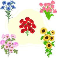 een verzameling boeketten bloemen. tulpen, rozenbottelbloemen, zonnebloemen en klaprozen. platte vectorillustratie vector