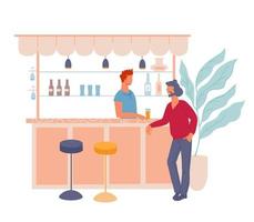 barman en klant aan de toog, platte vectorillustratie geïsoleerd op een witte achtergrond. pub of barscene. vector