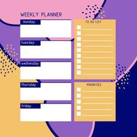 wekelijkse planner sjabloon. een planner voor weekorganisatie van tijd met abstracte achtergrond. vector