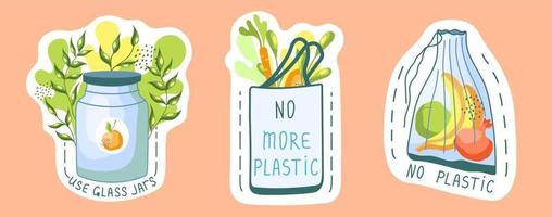 ecologische stickers. milieubescherming, duurzaamheidsconcept. geen plastic, veilige planeet, gebruik je eigen tas en glazen potten. hergebruiken. recyclen. vector