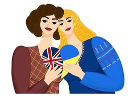 Britse en Oekraïense vrouwen houden hart vast. vlag van engeland en oekraïne. symbool van steun voor Oekraïne. vectorillustratie. vector
