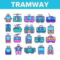 tram, stedelijk vervoer dunne lijn iconen set vector