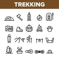 trekking, rugzak reizen vector lineaire pictogrammen set