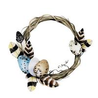 aquarel clip-art krans van takken met paaseieren en gekleurde vogelveren. decoratie voor Pasen. illustratie voor wenskaarten, verpakkingen, wrappers. vector