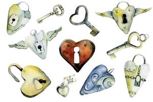 aquarel set met vintage sloten in de vorm van een hart. vintage schattige sloten en sleutels, valentijnsdag clipart vector