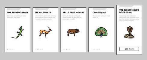 wilde dieren, insecten en vogels onboarding pictogrammen instellen vector