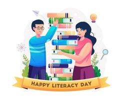 een jongen en een meisje stapelen zich op en verzamelen boeken om samen te lezen. fijne alfabetiseringsdag op 8 september. vectorillustratie in vlakke stijl vector