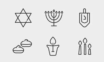 Chanoeka lijn pictogramserie. joodse feestdag Chanoeka. traditionele cake sufganiya, kandelaar hanukkiya, zweefmolen dreidel. vector illustratie