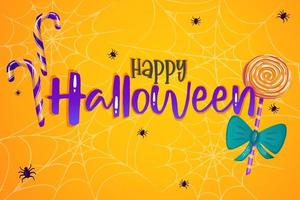 happy halloween banner oranje met cobwer, spin en cndy lolly. leuke achtergrond. vectorontwerp. modern conceptontwerp. fijne Halloween. webbannersjabloon vector