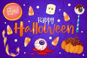happy halloween banner paars met dessert, candy corn en eyeball. leuke achtergrond. vectorontwerp. modern conceptontwerp. fijne Halloween. webbannersjabloon vector