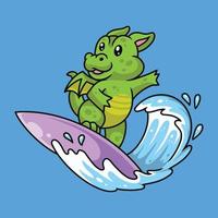 schattige draak surfen in zee cartoon premium vector