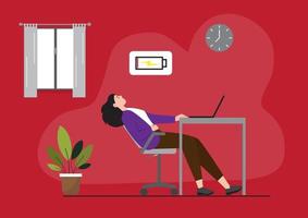 moe vrouw slapen aan het bureau. laag energie werk burn-out op het werk. platte vectorillustratie vector
