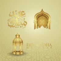 luxe en elegant ontwerp eid al adha-groet met gouden kleur op arabische kalligrafie, halve maan, lantaarn en getextureerde poortmoskee. vectorillustratie. vector