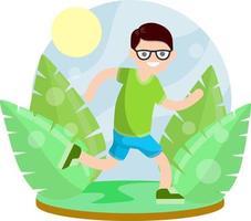 jonge man in korte broek en t-shirt. hardlopen en sporten. actieve levensstijl. beweging en lopen. cartoon vlakke afbeelding. park en natuur. bladeren van planten. zomerseizoen. vector