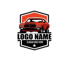 muscle car logo-vector auto geïsoleerd op blauw ziet er elegant uit vanaf een stijlvolle voorkant en geweldig voor banners, sjablonen, emblemen, badges, kleding vector