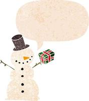 cartoon sneeuwpop en tekstballon in retro getextureerde stijl vector