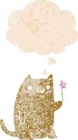 schattige cartoon kat met bloem en gedachte bel in retro getextureerde stijl vector