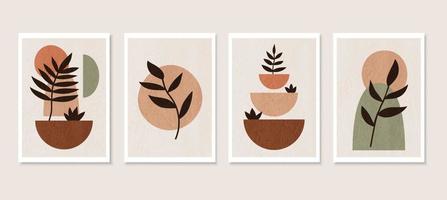 minimalistische hand tekenen abstracte kunst achtergrond. set boho posters met tropisch blad, vormen en texturen. bohemien stijl. esthetische vectorillustraties voor uitnodiging, wenskaarten, wanddecoratie. vector