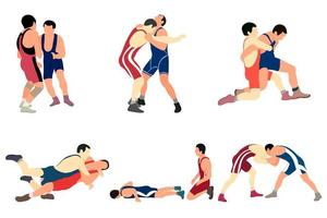 vectorcollectie van atletenworstelaars in worstelen, duelleren, vechten. grieks-romeins, freestyle, klassiek worstelen. vector