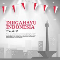 dirgahayu indonesië of indonesië onafhankelijkheidsdag achtergrond met vlagdecoratie en illustratie van gebouwen op grijze kleur vector