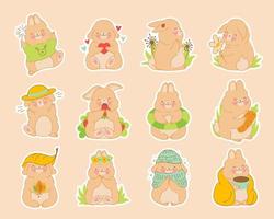 coole schattige set baby dieren konijnen stickers in cartoon kawaii stijl. vector tekens bunny bundel voor kinderen. geïsoleerd op wit