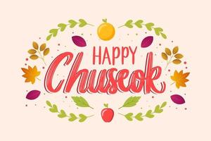 hand belettering happy chuseok met herfstbladeren en fruit vector