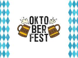 oktoberfest 2022 - bierfestival. handgetekende doodle elementen. Duitse traditionele vakantie. bierpullen met tekst op een witte achtergrond met verticale strepen van blauwe diamanten met textuur. vector