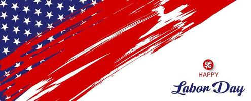beeld van de VS. vlag in penseelstreek vorm met happy labor day belettering en industrie tools 'symbool isoleren op witte achtergrond. de VS-arbeidsdagkaart en poster in banner- en vectorontwerp. vector