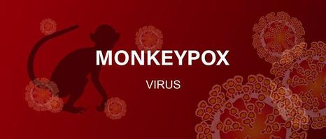 apenpokkenvirus. banner met tekst, viruscellen en aapsilhouet. virusziekte concept. vector microbiologie achtergrond.