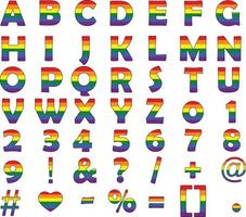 LGBT-alfabet en nummer op witte achtergrond. regenboog vector alfabet. kleurrijke regenboog letter symbool.