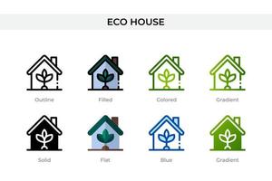 eco huisje in verschillende stijl. eco huis vector iconen ontworpen in omtrek, effen, gekleurd, gevuld, verloop en vlakke stijl. symbool, logo afbeelding. vector illustratie